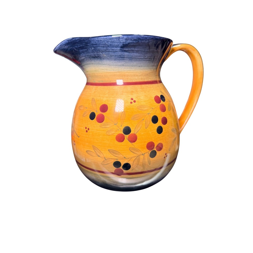 Rustic Hand Painted Ceramic Pitcher Vase Farmhouse Floral Cottagecore